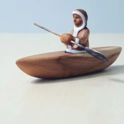 Wooden Eskimo With Canoe