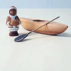 Wooden Eskimo With Canoe
