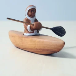 Wooden Eskimo With Canoe
