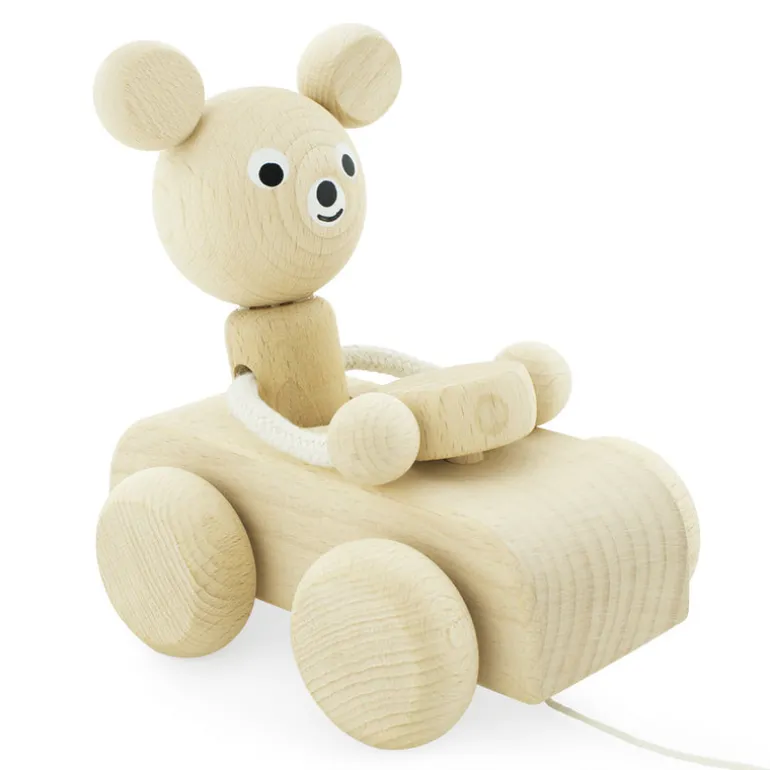 Wooden Pull Along Bear In Car - Teddy