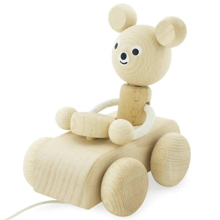 Wooden Pull Along Bear In Car - Teddy