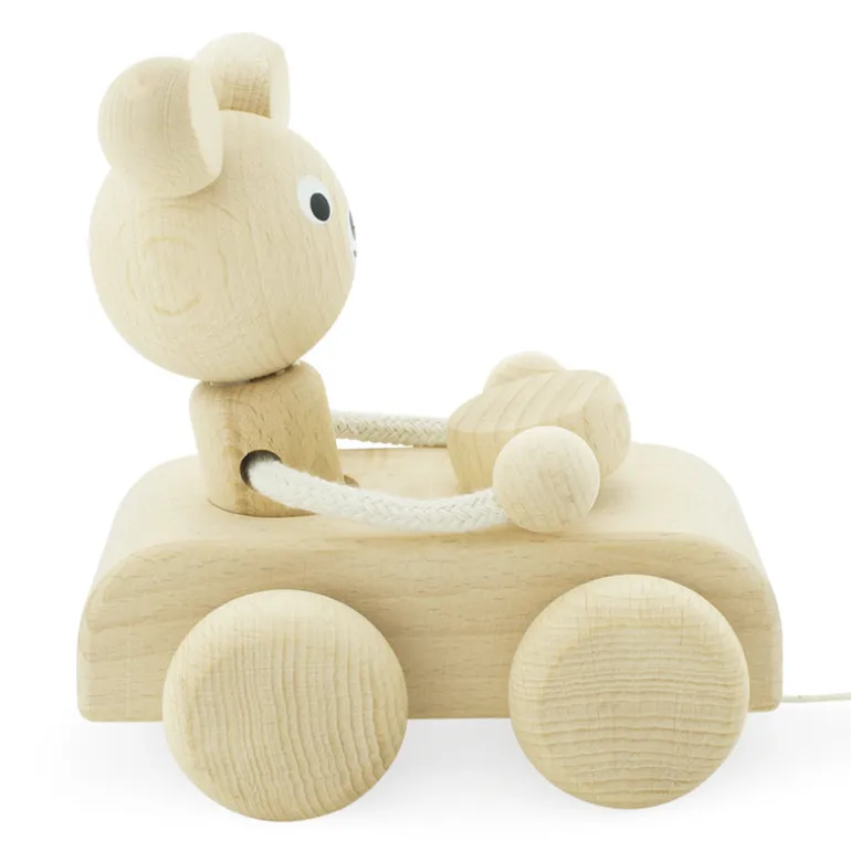 Wooden Pull Along Bear In Car - Teddy