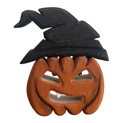 Wooden Pumpkin With Witch Hat