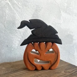 Wooden Pumpkin With Witch Hat