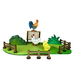 Wooden Rooster, Hen & Chick Set