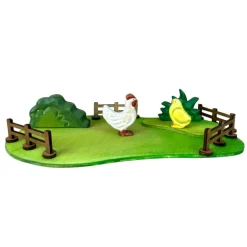 Wooden Rooster, Hen & Chick Set